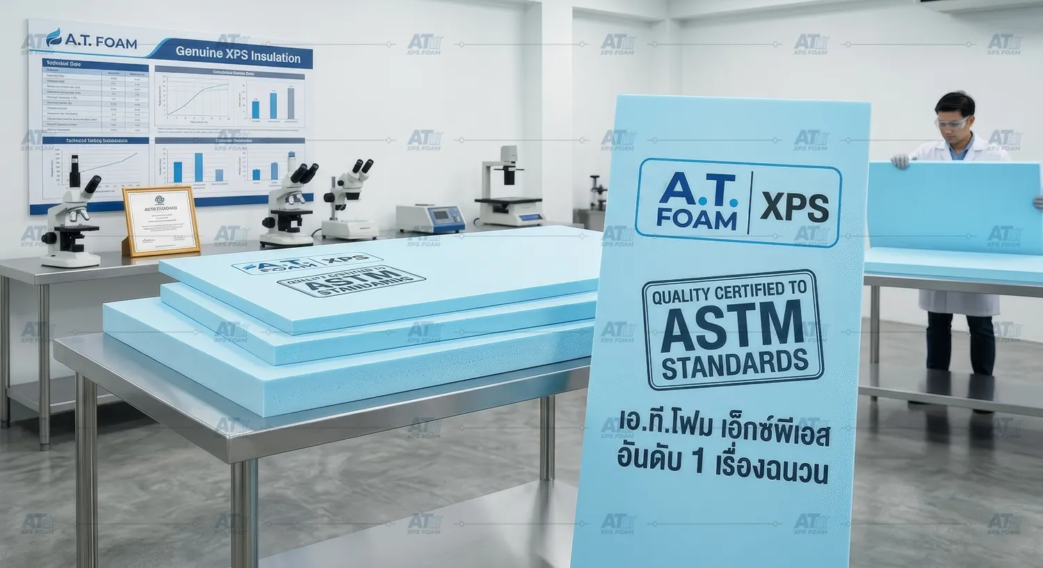 แผ่นฉนวนกันความร้อน XPS Foam มาตรฐาน ASTM แบรนด์ เอ.ที.โฟม สำหรับงานกันร้อนอาคารและโรงงาน