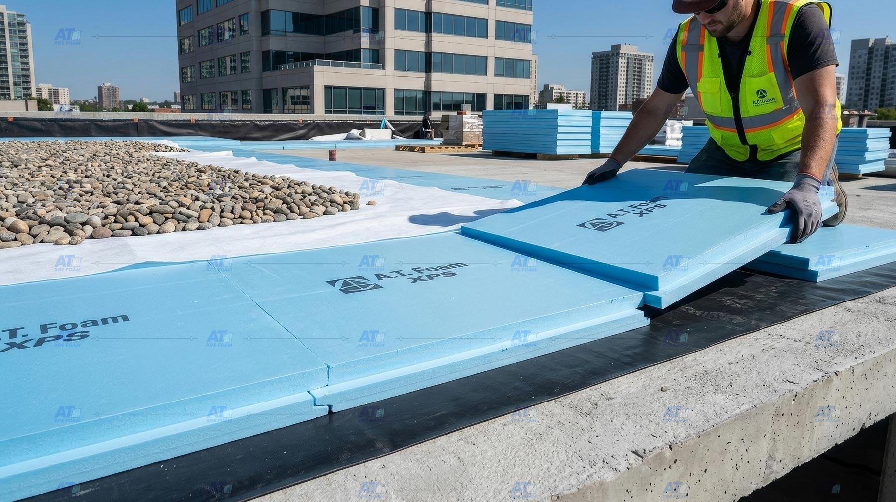 การติดตั้งฉนวนกันความร้อนดาดฟ้า XPS Foam เอ.ที.โฟม เอ็กซ์พีเอส ระบบ Inverted Roof แสดงแผ่นโฟมสีฟ้าปูทับแผ่นกันซึมและชั้นกรวด