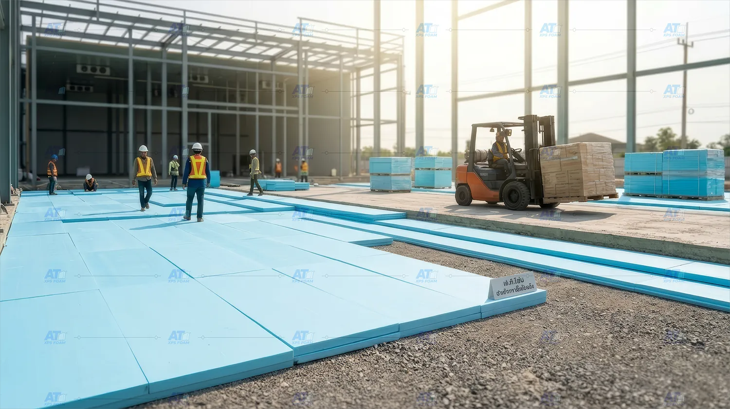 ช่างกำลังปูแผ่นฉนวน XPS Foam สีฟ้า บนพื้นก่อนเทคอนกรีตในโครงการก่อสร้างห้องเย็น