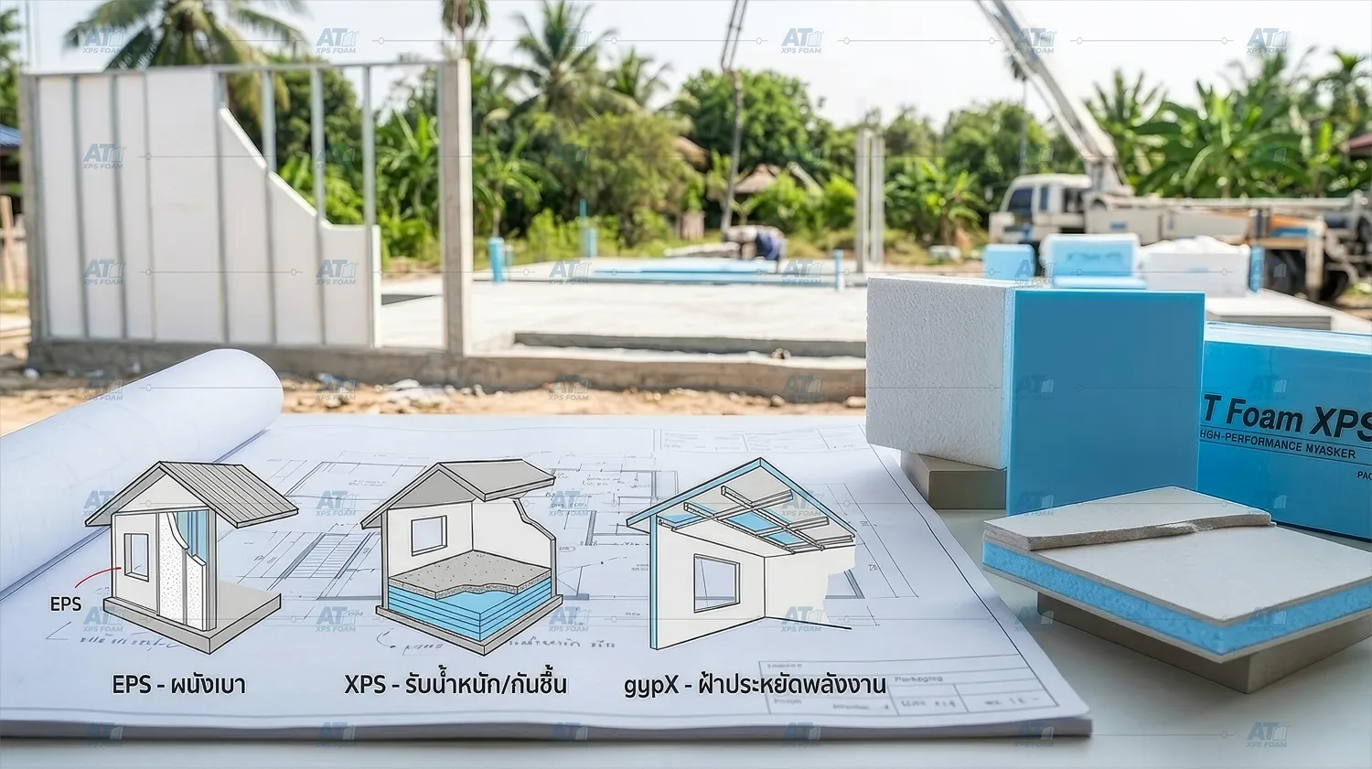 ตารางเปรียบเทียบฉนวนกันความร้อน EPS ผนังเบา, XPS รับน้ำหนักกันชื้น และ gypX ฝ้าประหยัดพลังงาน แบรนด์ AT Foam XPS