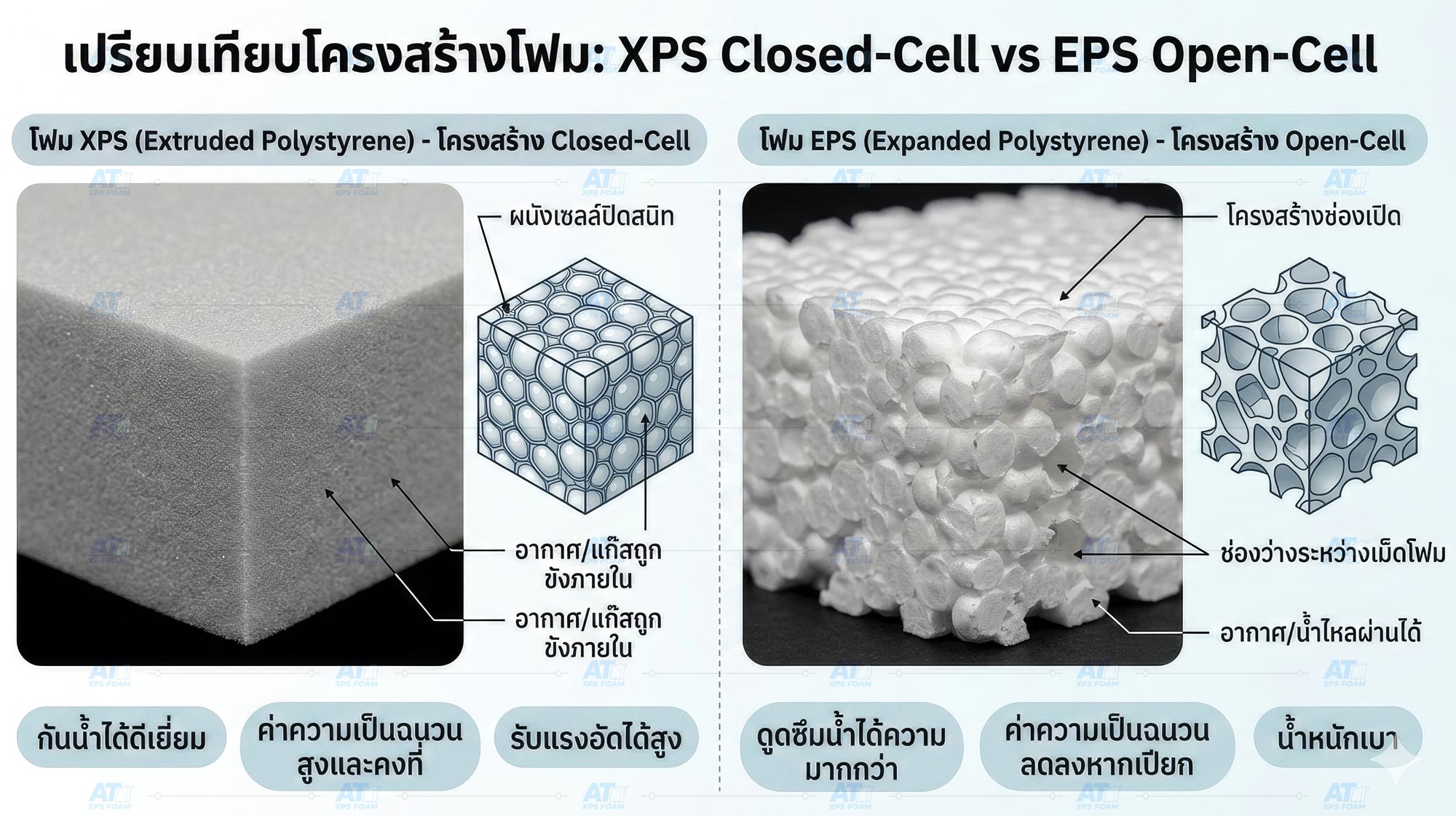 แผนภาพเปรียบเทียบโครงสร้างโฟม XPS เซลล์ปิด กับโฟม EPS เซลล์เปิด แสดงรายละเอียดระดับไมโครสโคปของวัสดุฉนวนกันความร้อน