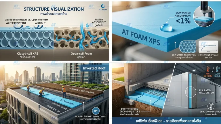 สรุปคุณสมบัติฉนวน XPS Foam เอทีโฟม โครงสร้าง Closed-cell กันน้ำกันร้อน สำหรับดาดฟ้าและห้องเย็น