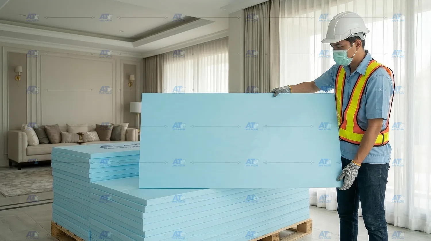 พนักงานเตรียมแผ่น XPS Foam สีฟ้า รุ่น Decorative & Ceiling Grade บนพาเลทไม้ สำหรับงานตกแต่ง