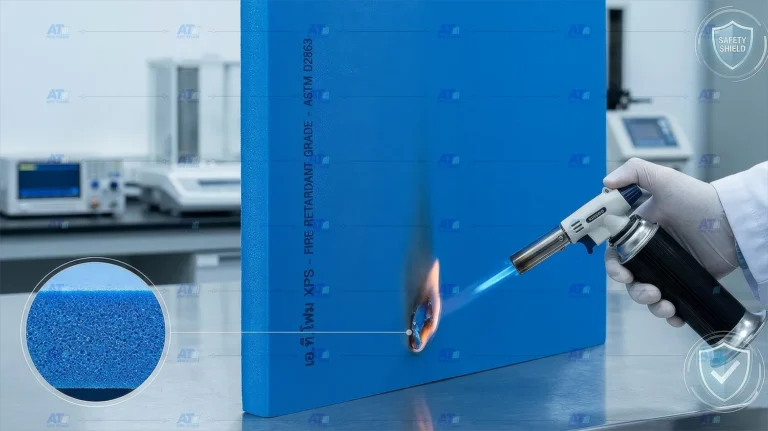 การทดสอบจ่อไฟบนแผ่นฉนวน XPS Foam สีฟ้า แสดงคุณสมบัติดับไฟได้เอง Self-extinguishing ไม่ลามไฟ
