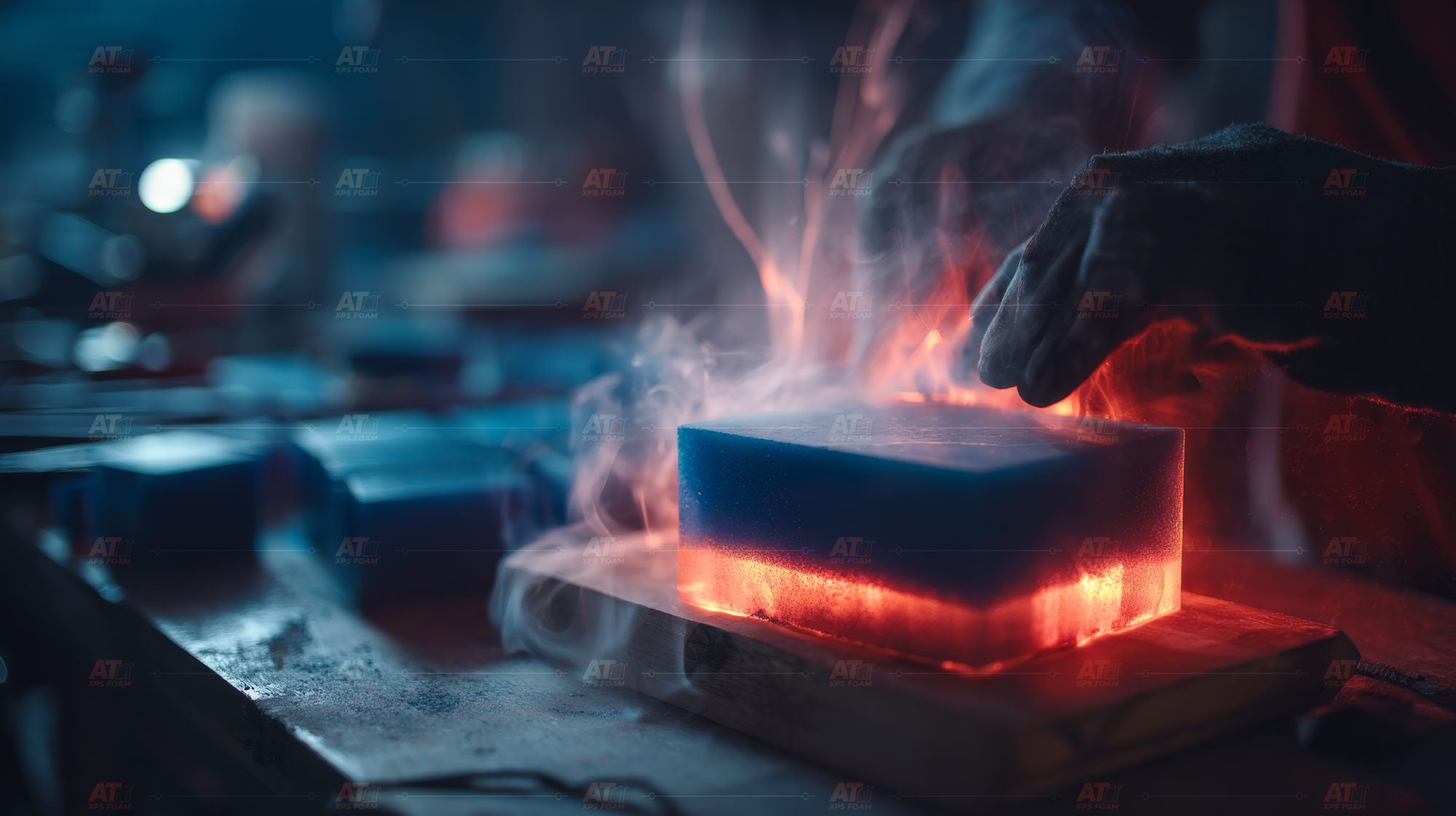 การทดสอบการลามไฟของแผ่นฉนวน XPS Foam โดยใช้ความร้อนจี้โดยตรง เพื่อแสดงคุณสมบัติไม่ลามไฟตามมาตรฐานความปลอดภัย