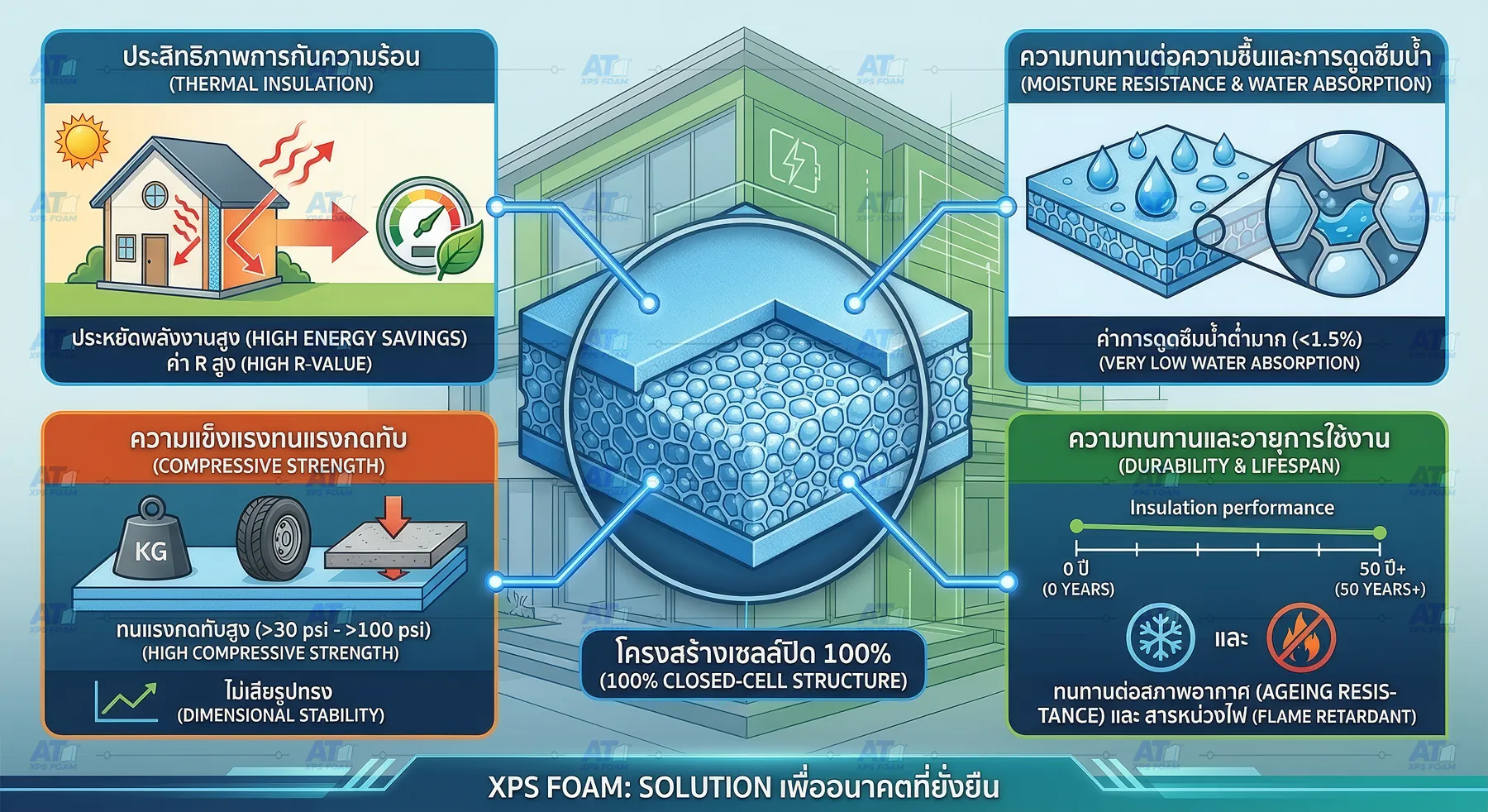 อินโฟกราฟิกสรุปประสิทธิภาพฉนวนกันความร้อน XPS Foam การกันน้ำ การรับน้ำหนัก และอายุการใช้งาน