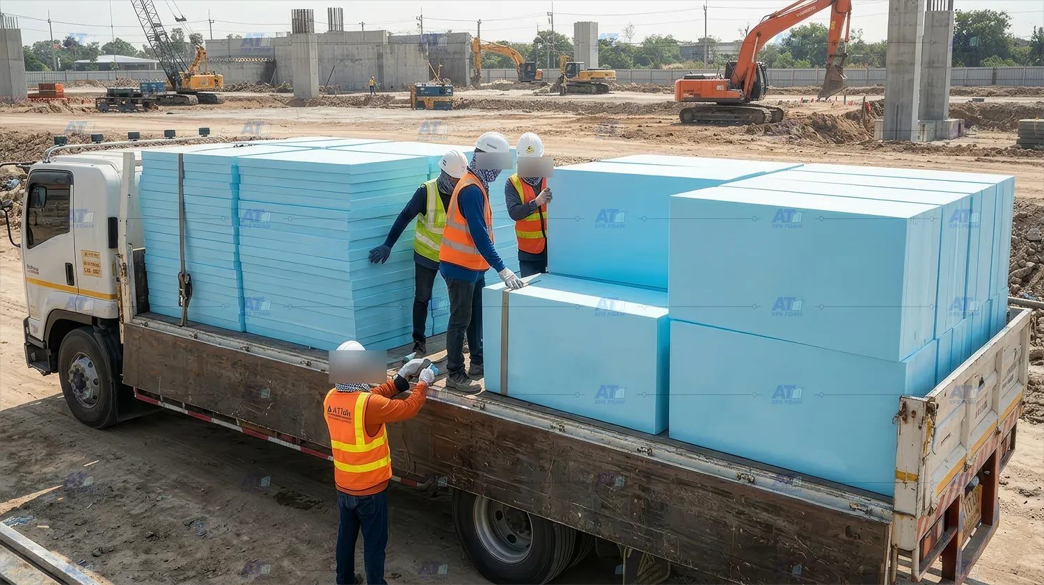 รถบรรทุกขนส่งแผ่น XPS Foam สีฟ้า สำหรับงาน Civil & Structural Fill บริษัท เอ.ที.โฟม เอ็กซ์พีเอส