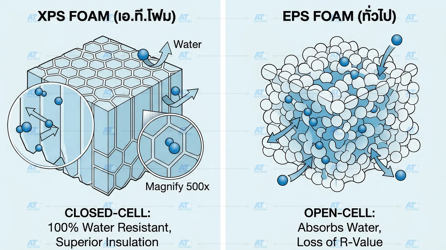 ไดอะแกรมเปรียบเทียบโครงสร้าง Closed-cell ของ XPS Foam และ Open-cell ของ EPS Foam สำหรับงานฉนวนกันความร้อน