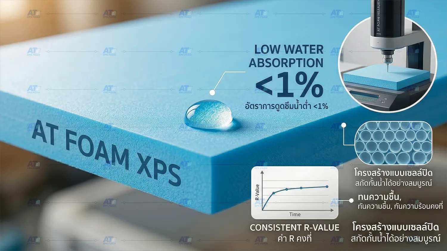 ทดสอบการดูดซึมน้ำของแผ่นฉนวน XPS Foam มีค่าต่ำกว่า 1%