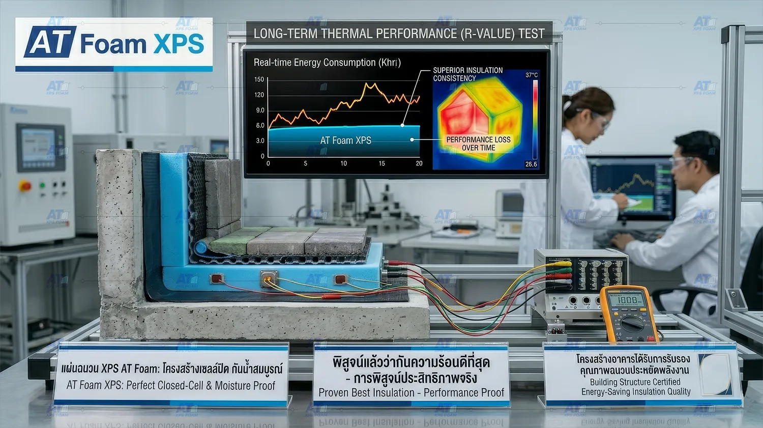 กราฟเปรียบเทียบค่าความต้านทานความร้อน R-Value ระยะยาวของแผ่น XPS เอทีโฟม