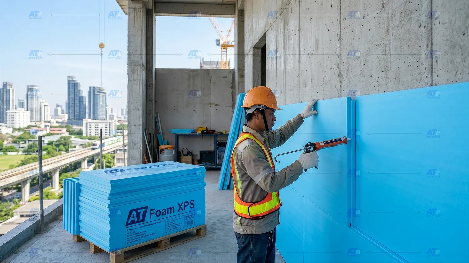 การติดตั้งแผ่นฉนวนกันความร้อน XPS Foam บนผนังอาคารประหยัดพลังงาน